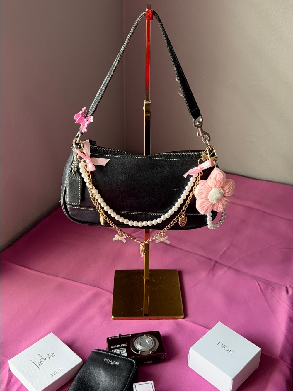 Black Shoulder Bag with Pink Floral Charm